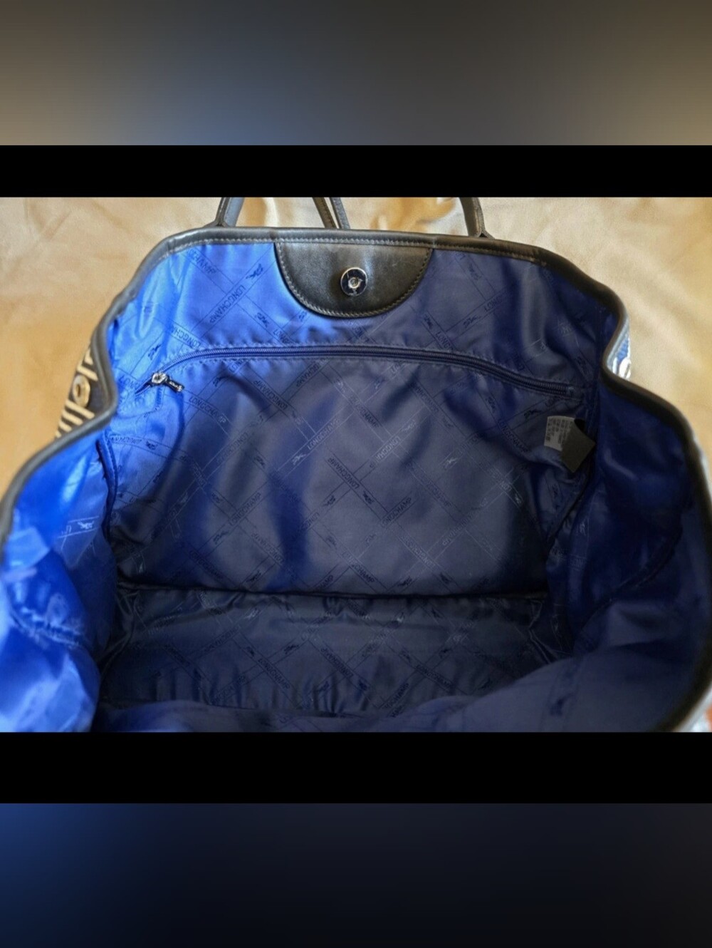 *RARE* LONGCHAMP Canvas Chevron Horse Logo Hand Tote Bag Toggle Button Open Top - Picture 8 of 16